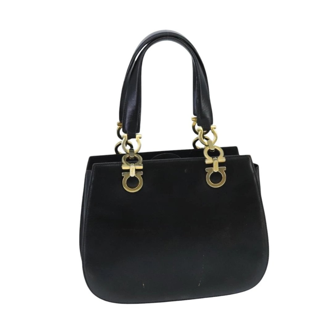 Salvatore Ferragamo Gancini Hand Bag Leather Black Gold Auth Bs19985